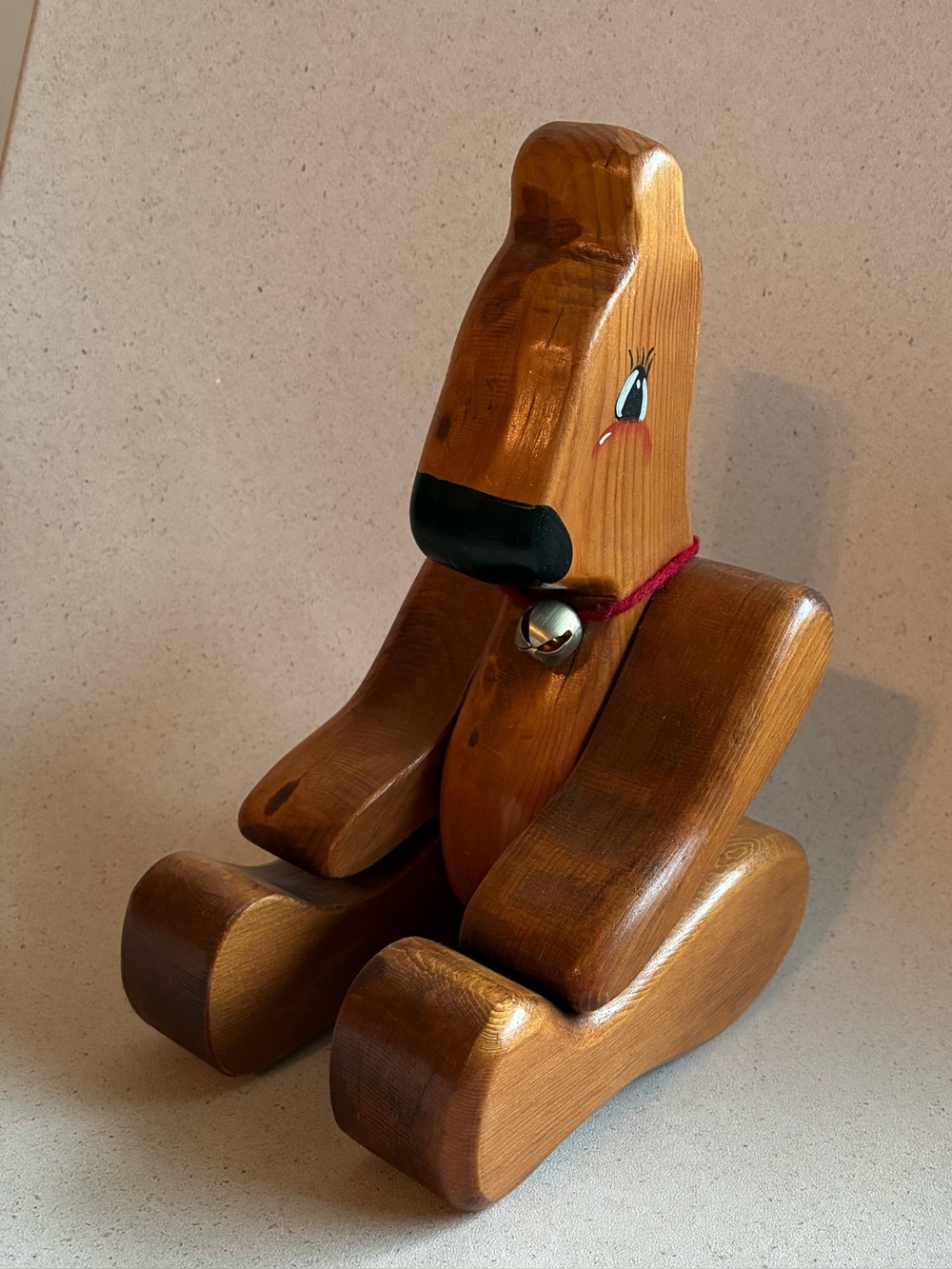 Hand-Carved Wooden Bear Figurine with Bell